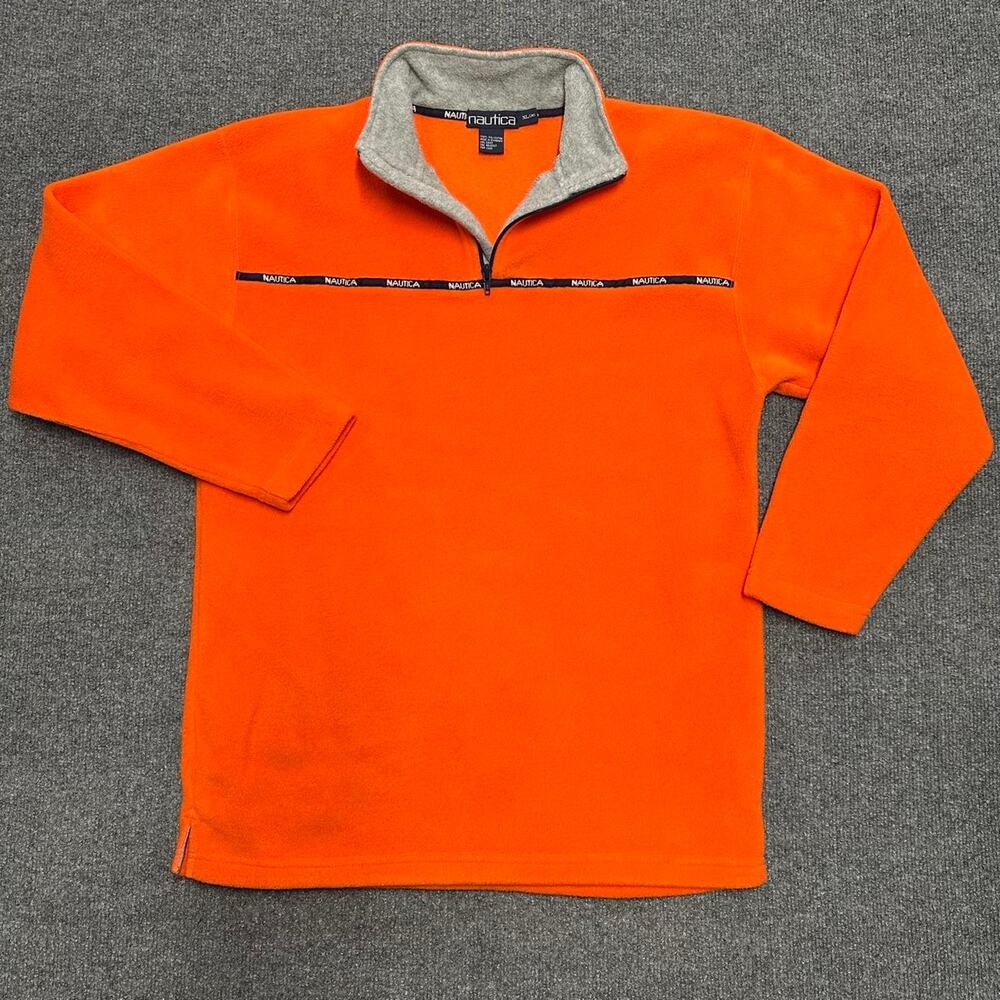 Vintage Y2K Nautical Men’s Fleece Pullover Orange Sporty 1/4 Zip Sweatshirt XL